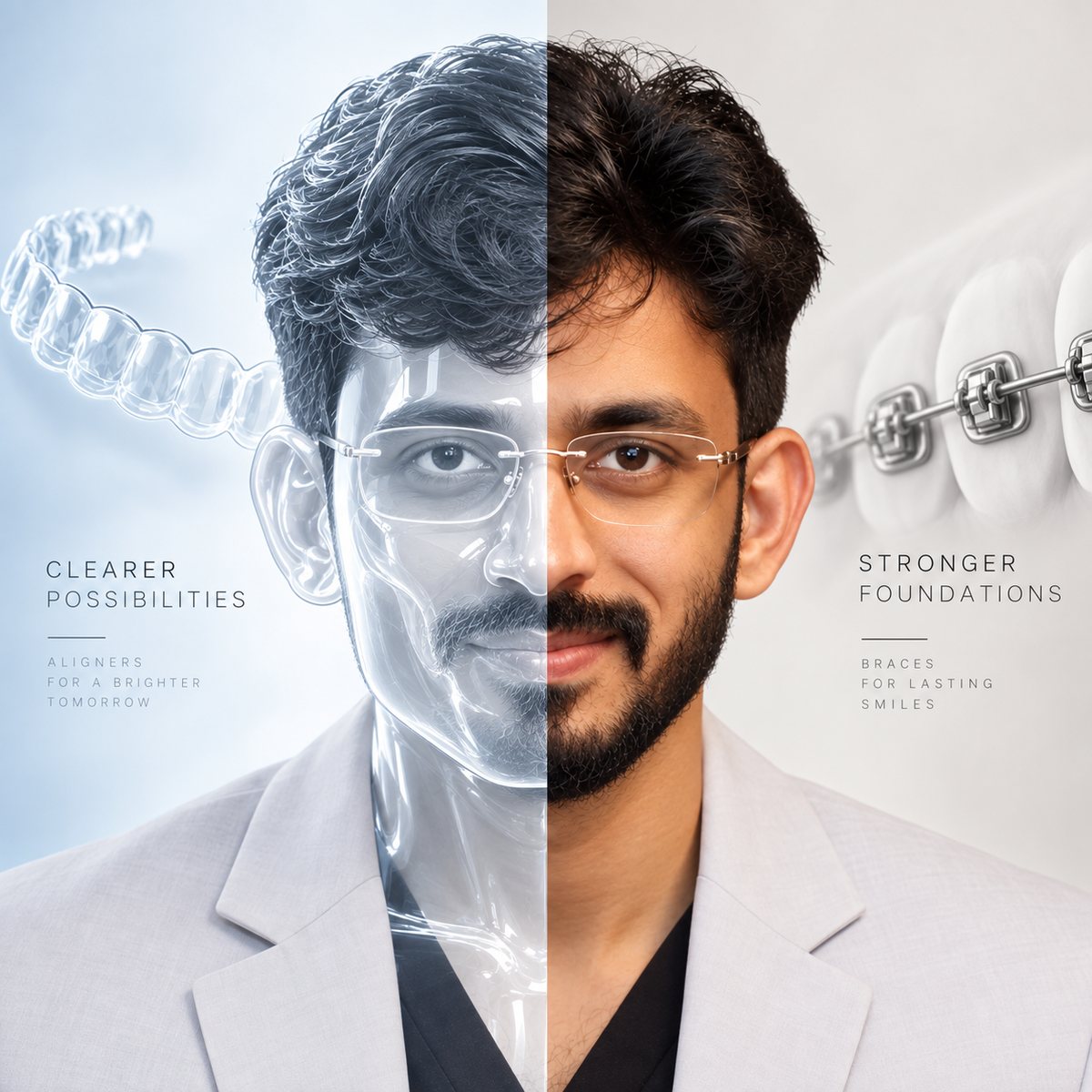 Split portrait comparing clear aligners on one side and metal braces on the other, illustrating the aligners versus braces decision